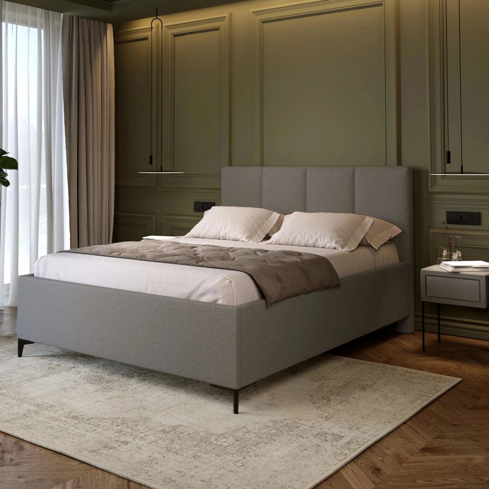 Bett inkl. elegantem Kopfteil, Lattenrost mit Hydraulik, Bettkasten & Füßen; Polsterbett online bestellen; Polsterbetten onlineshop; Gepolstertes Bett kaufen; 