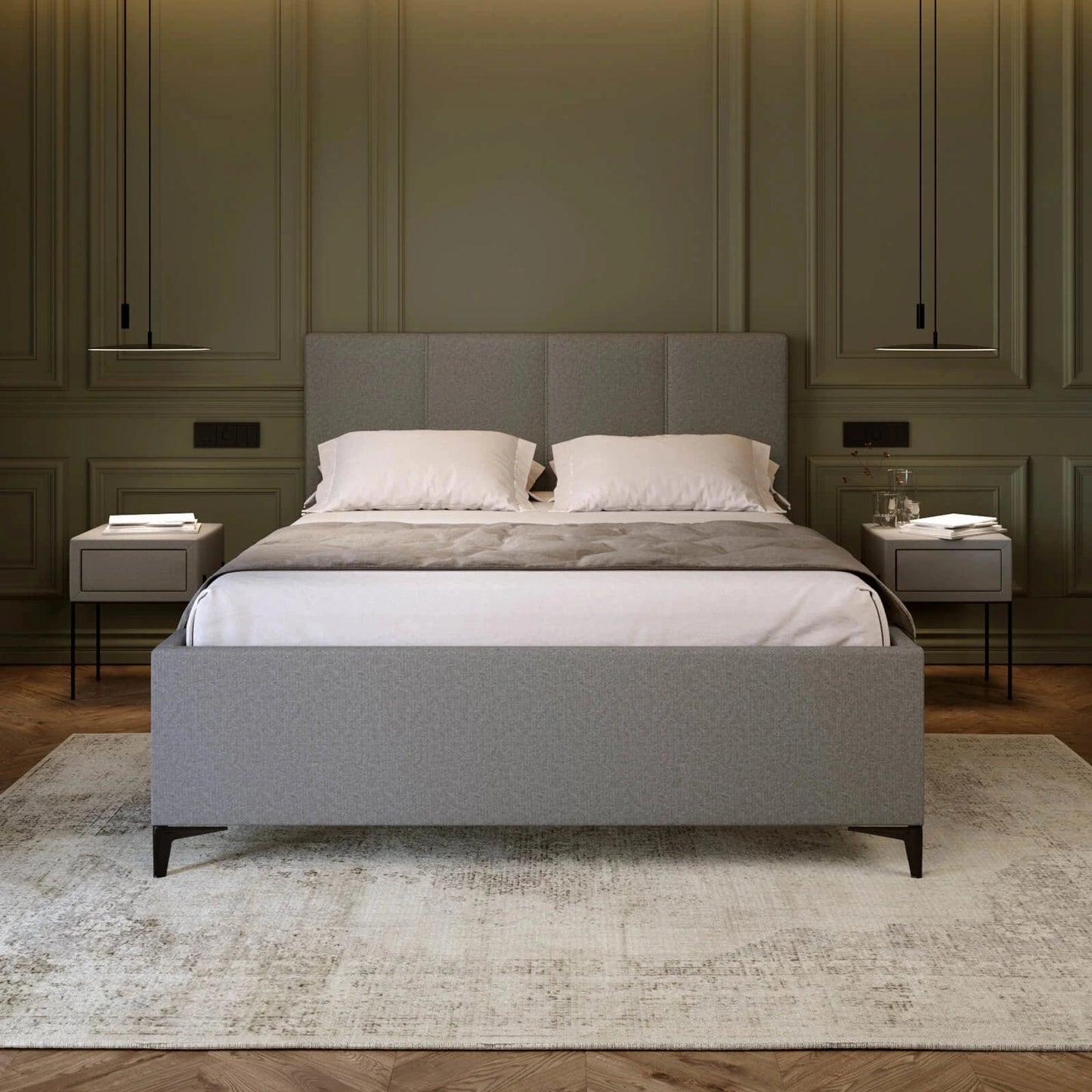 Bett inkl. gepolstertem Kopfteil, Lattenrost mit Hydraulik, Bettkasten & Füßen; Polsterbett online bestellen; Elegantes Polsterbett onlineshop; Gepolstertes Bett kaufen; 