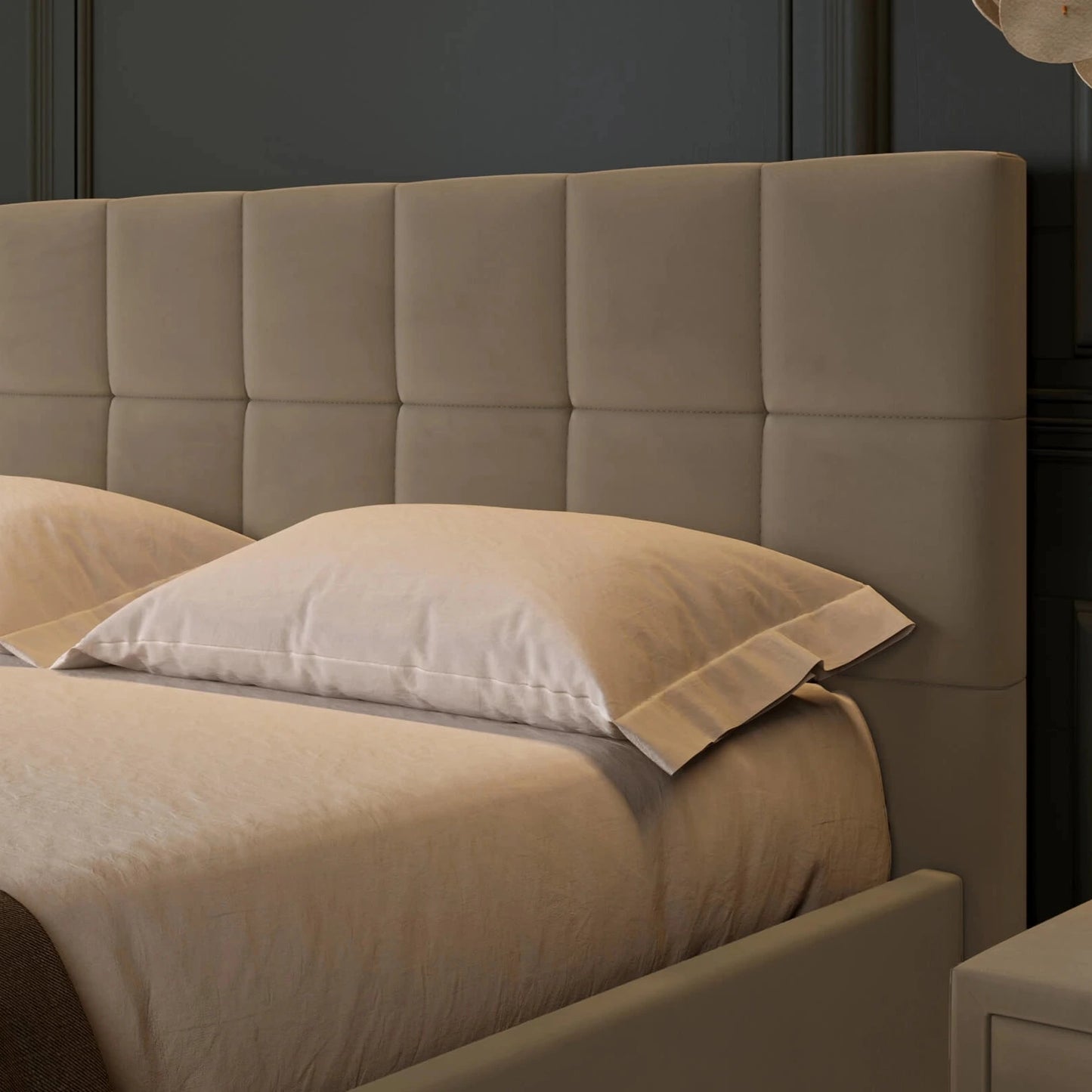 Modern gepolstertes Kopfteil; Polsterbetten bei artigo.at; Bett inkl. Kopfteil, Lattenrost mit Gasdruckzylindern, Bettkasten & Füßen; Polsterbett online bestellen; Polsterbetten onlineshop; Gepolstertes Bett kaufen; 